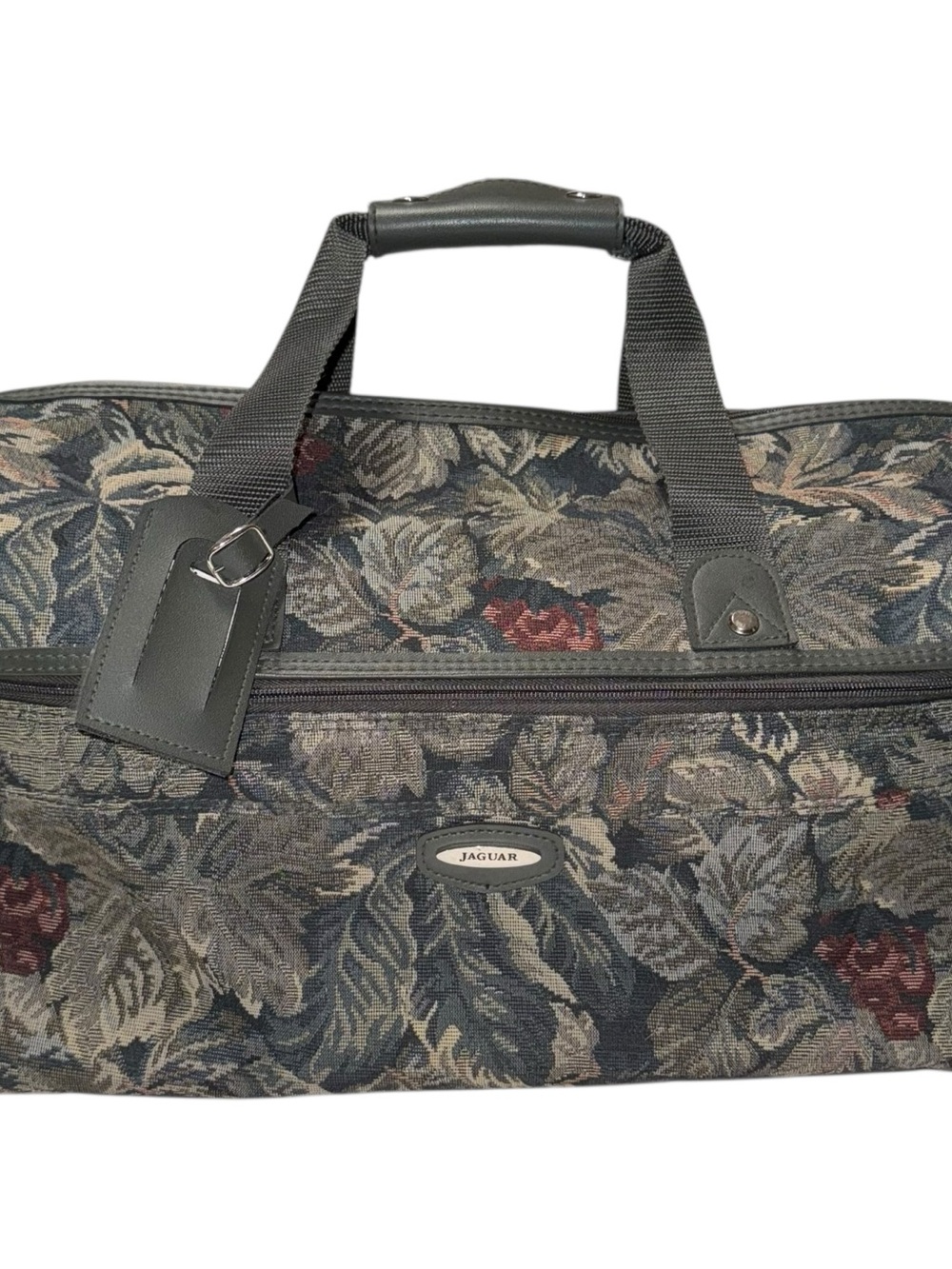 Vtg Jaguar Olive Green Floral Tapestry Carry On Bag Old Money Duffle Suitcase